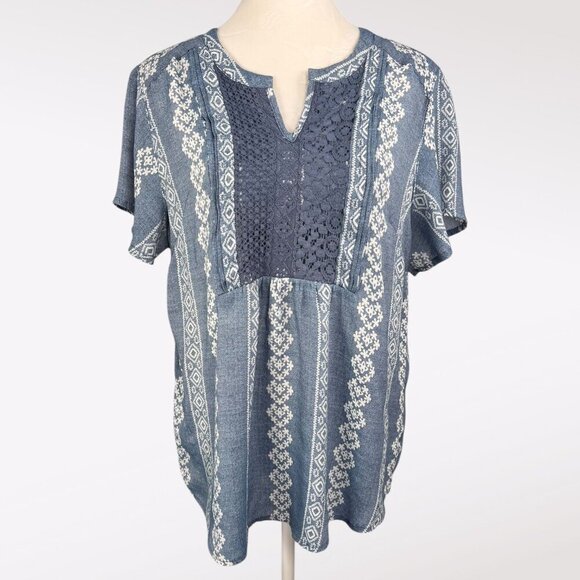 Como Vintage Blue & White Short Sleeve Boho Top Flowy Blouse Medium - Picture 1 of 8